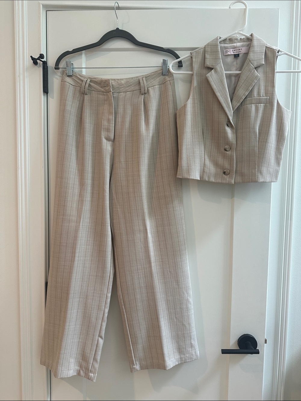 Miss Selfridge Beige Neutral Striped Tailored Vest & Wide-Leg Pants Set